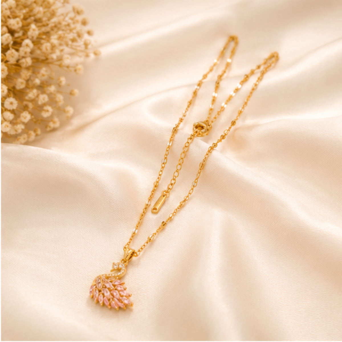 Gold-Tone Pink Floral Pendant Layered Necklace