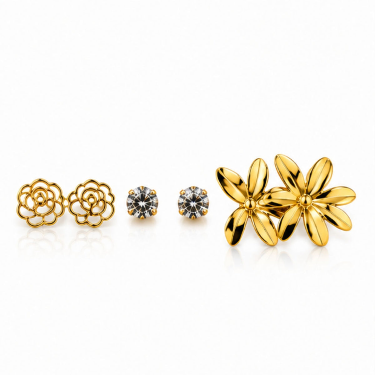 Gold Tone Floral and Crystal Earring Set for Everyday Style
