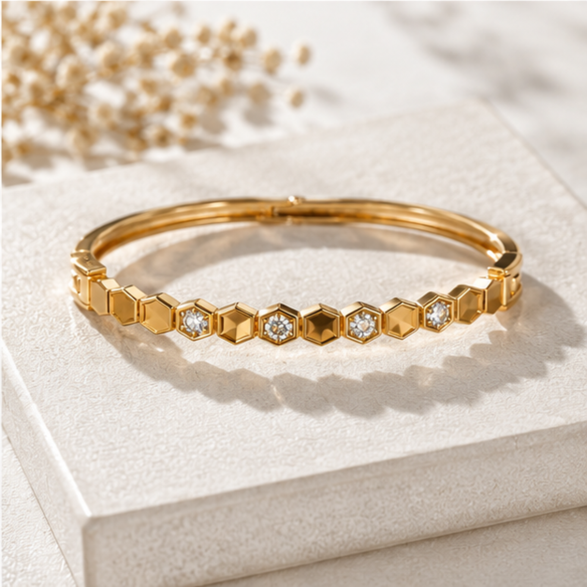 Gold Hexagon Crystal Link Bangle Bracelet