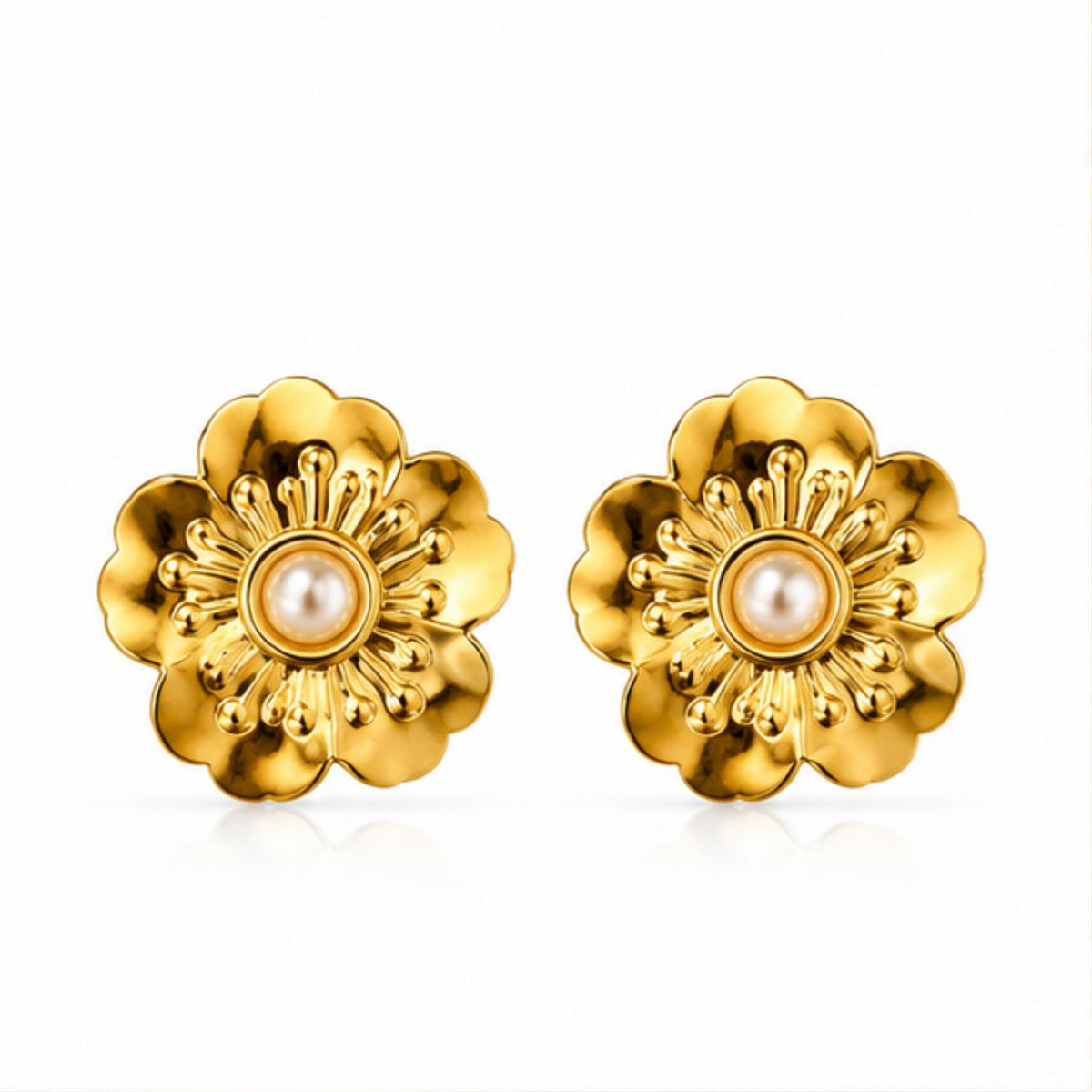 Gold Tone Floral Pearl Stud Earrings for Everyday Elegance