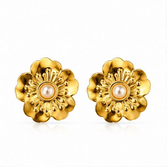 Gold Tone Floral Pearl Stud Earrings for Everyday Elegance