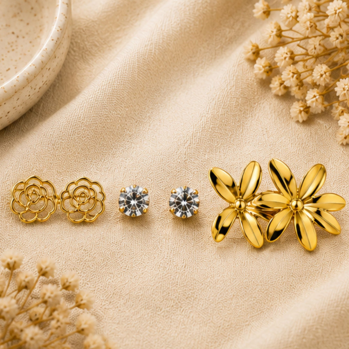 Gold Tone Floral and Crystal Earring Set for Everyday Style