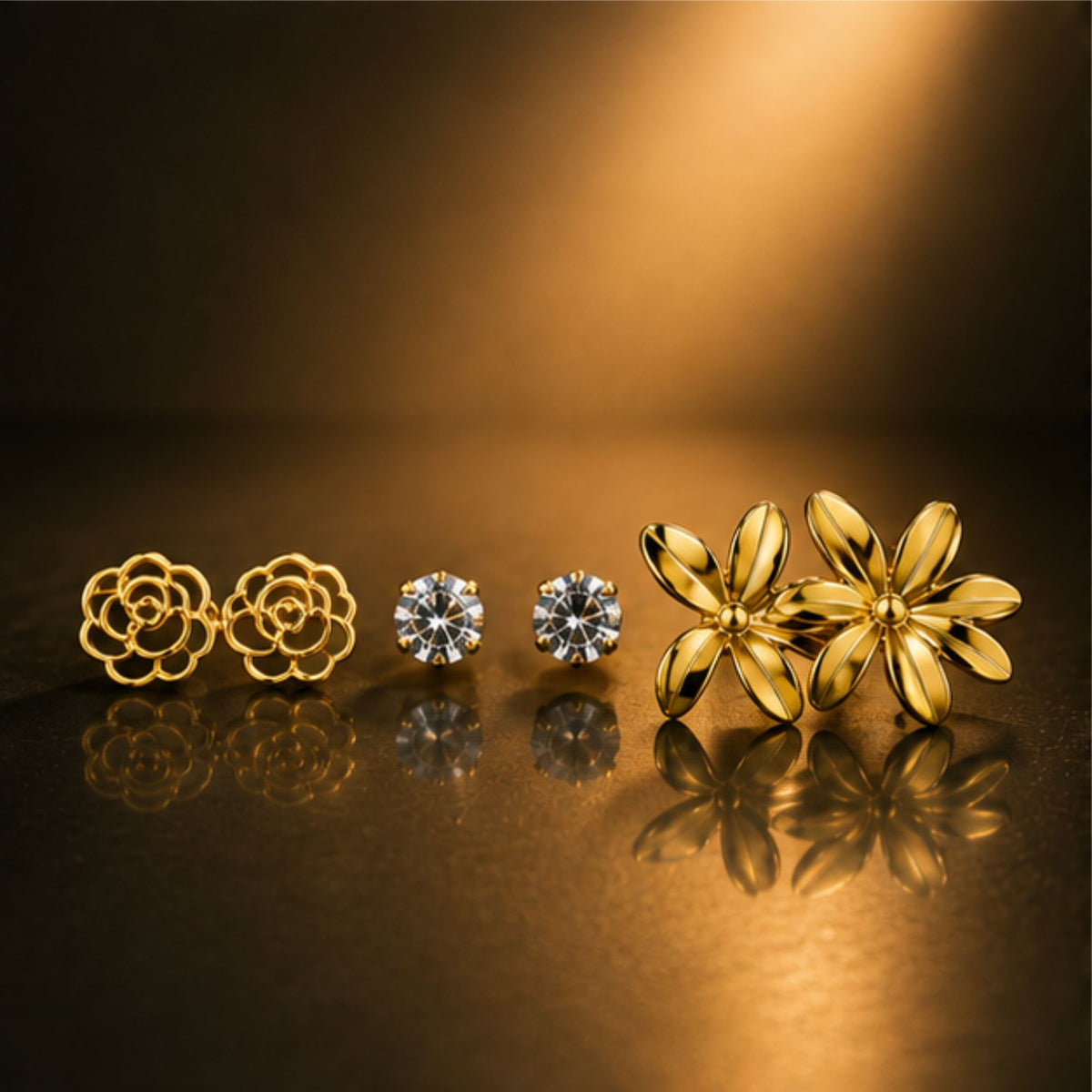 Gold Tone Floral and Crystal Earring Set for Everyday Style