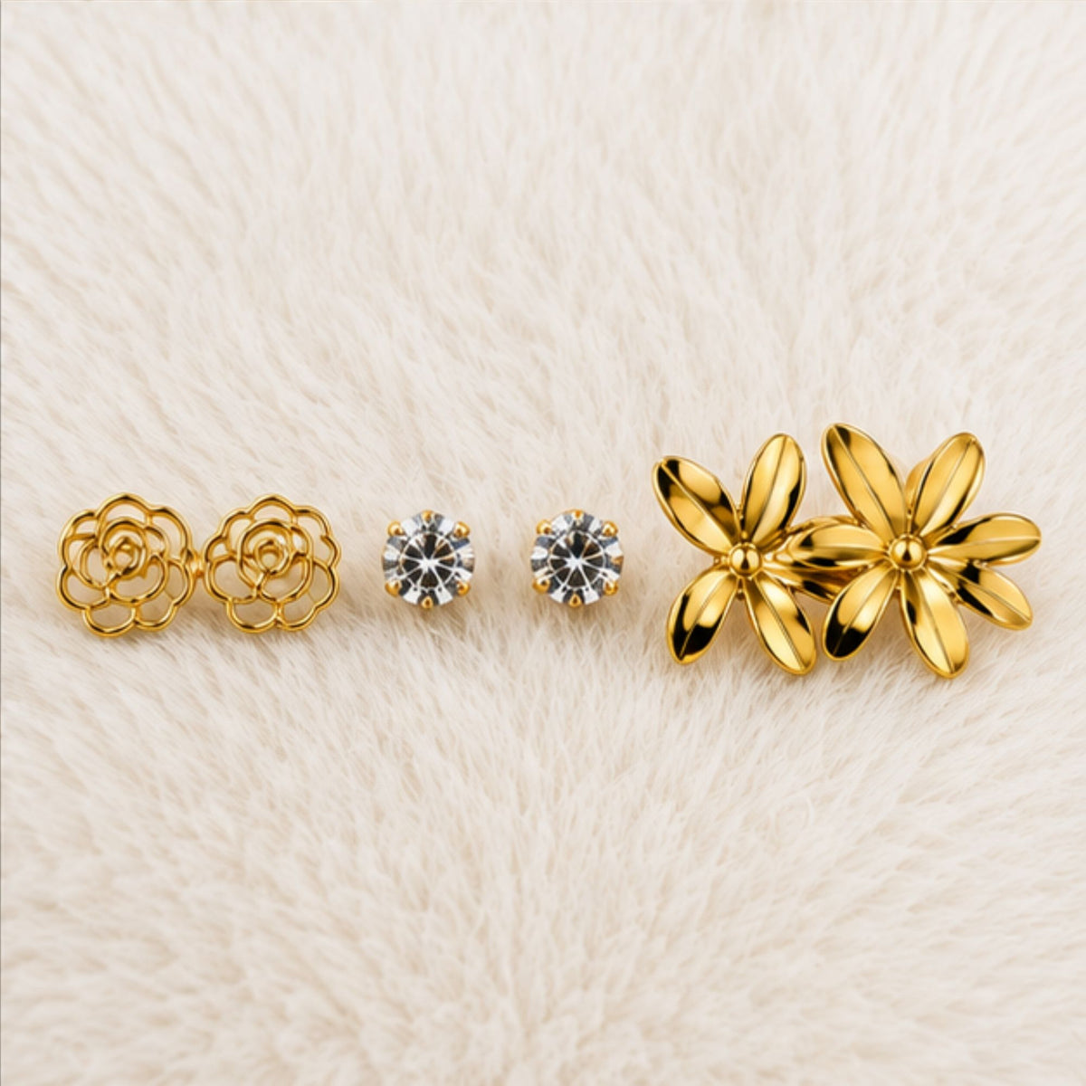 Gold Tone Floral and Crystal Earring Set for Everyday Style