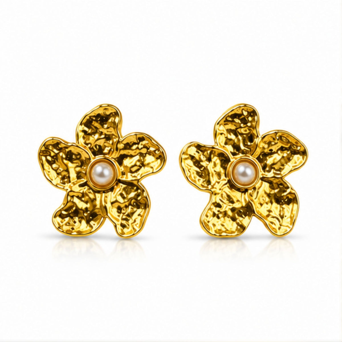 Gold Tone Textured Pearl Floral Stud Earrings
