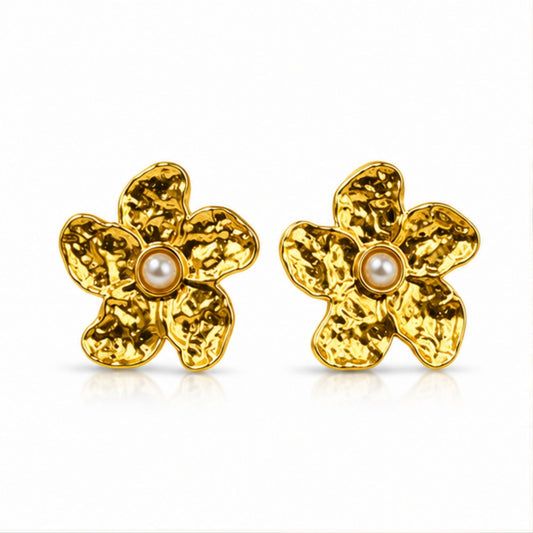 Gold Tone Textured Pearl Floral Stud Earrings