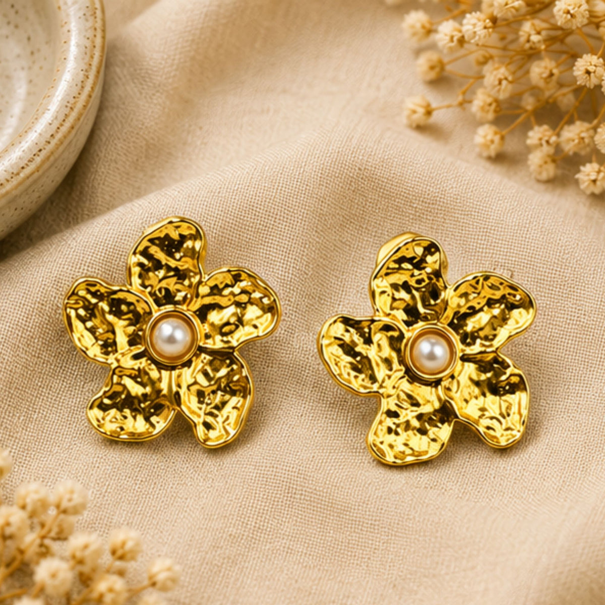 Gold Tone Textured Pearl Floral Stud Earrings