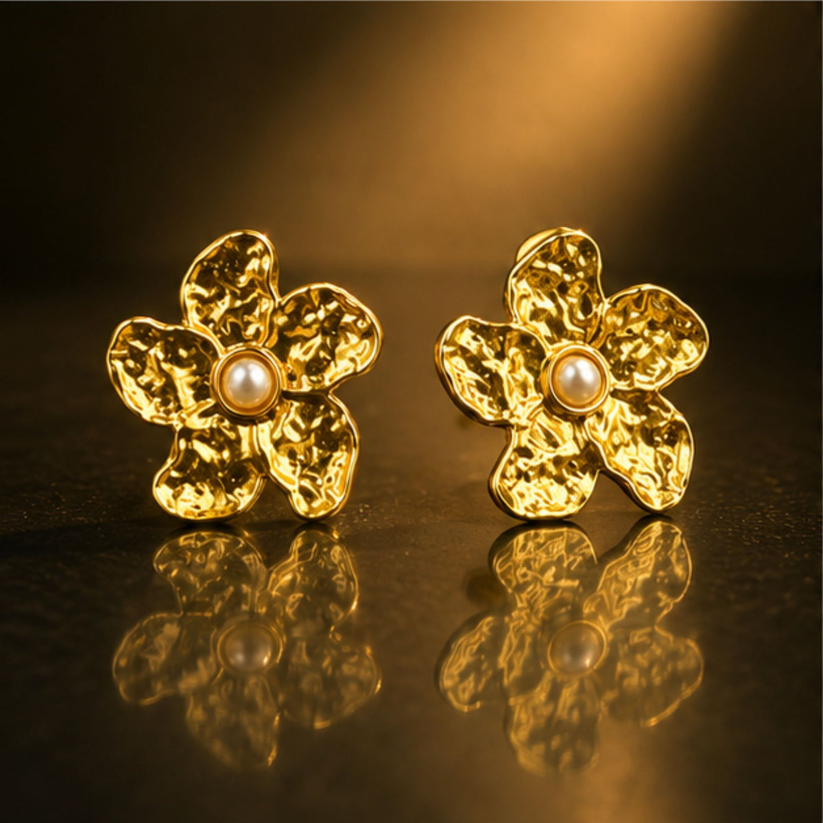 Gold Tone Textured Pearl Floral Stud Earrings