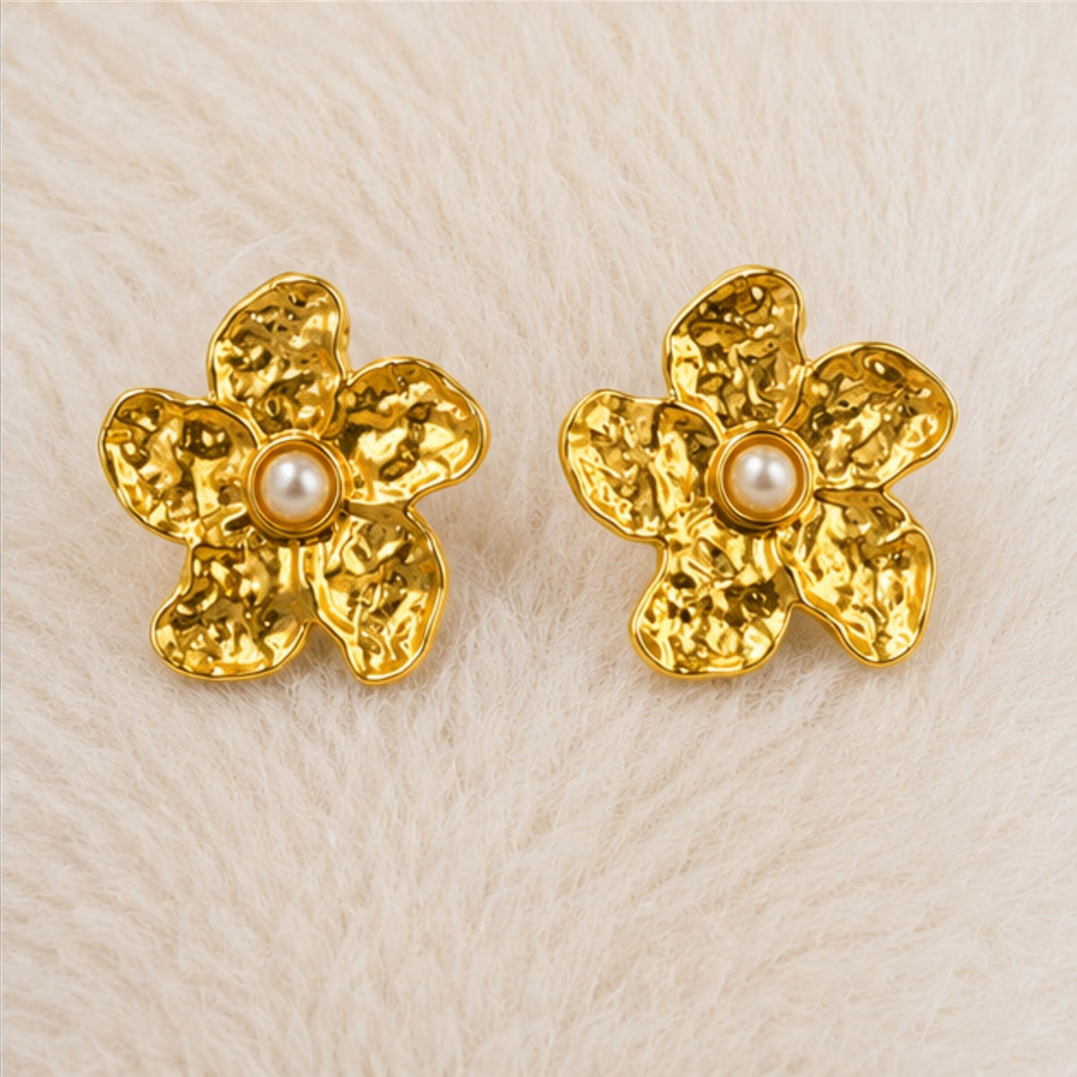 Gold Tone Textured Pearl Floral Stud Earrings