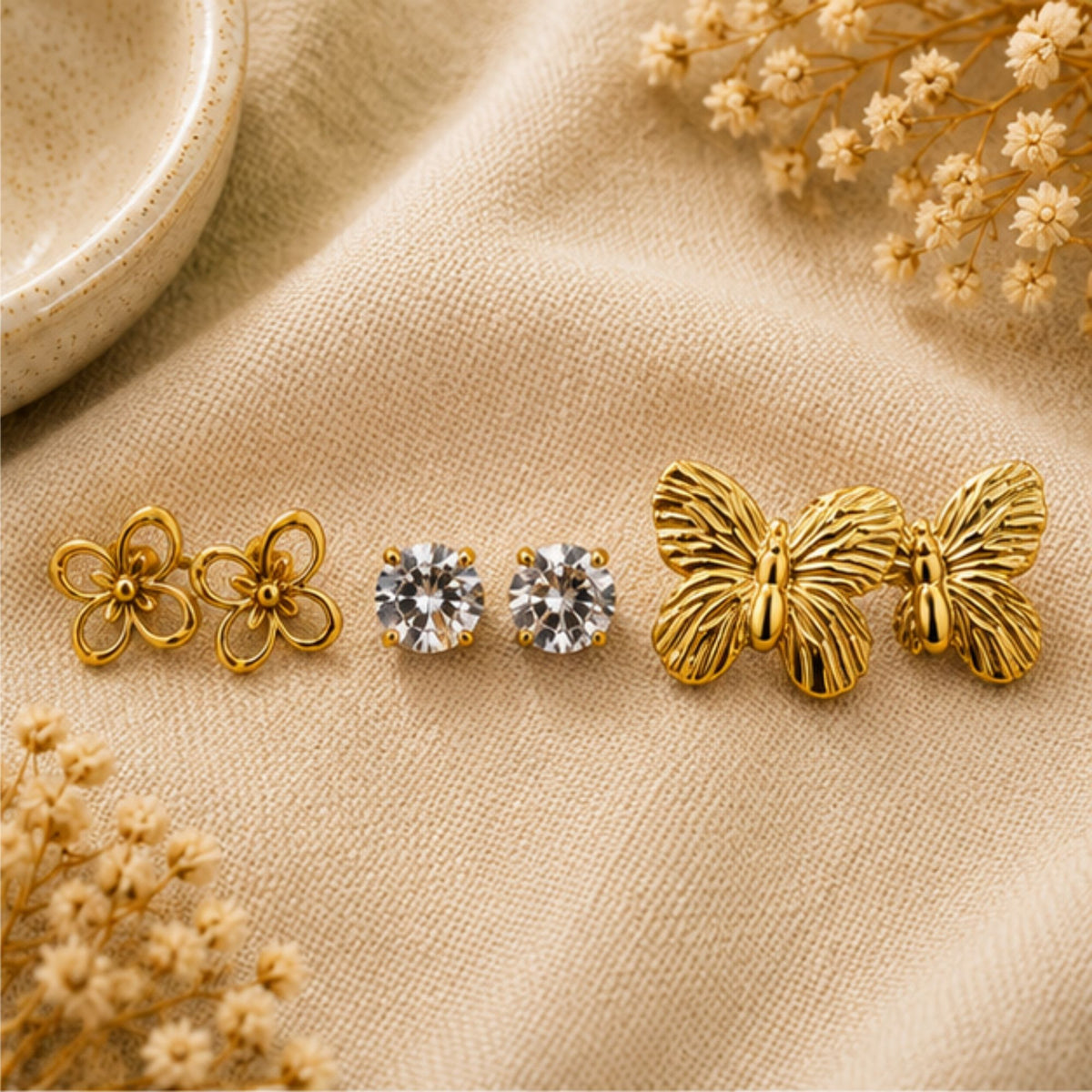 Gold Tone Floral Crystal Butterfly Stud Earrings Set