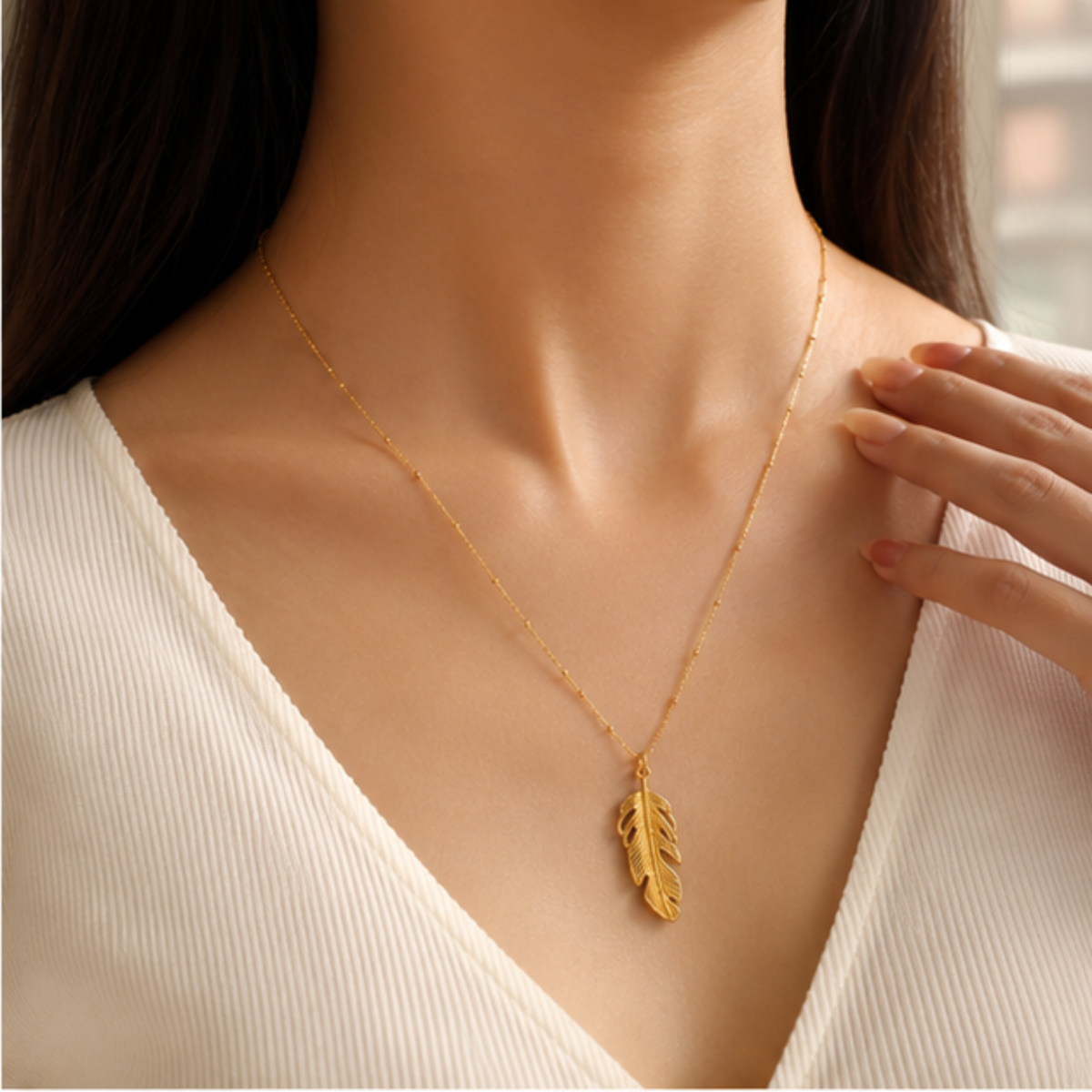 Gold-Tone Feather Pendant Long Chain Necklace