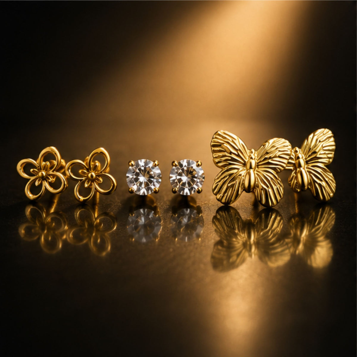 Gold Tone Floral Crystal Butterfly Stud Earrings Set