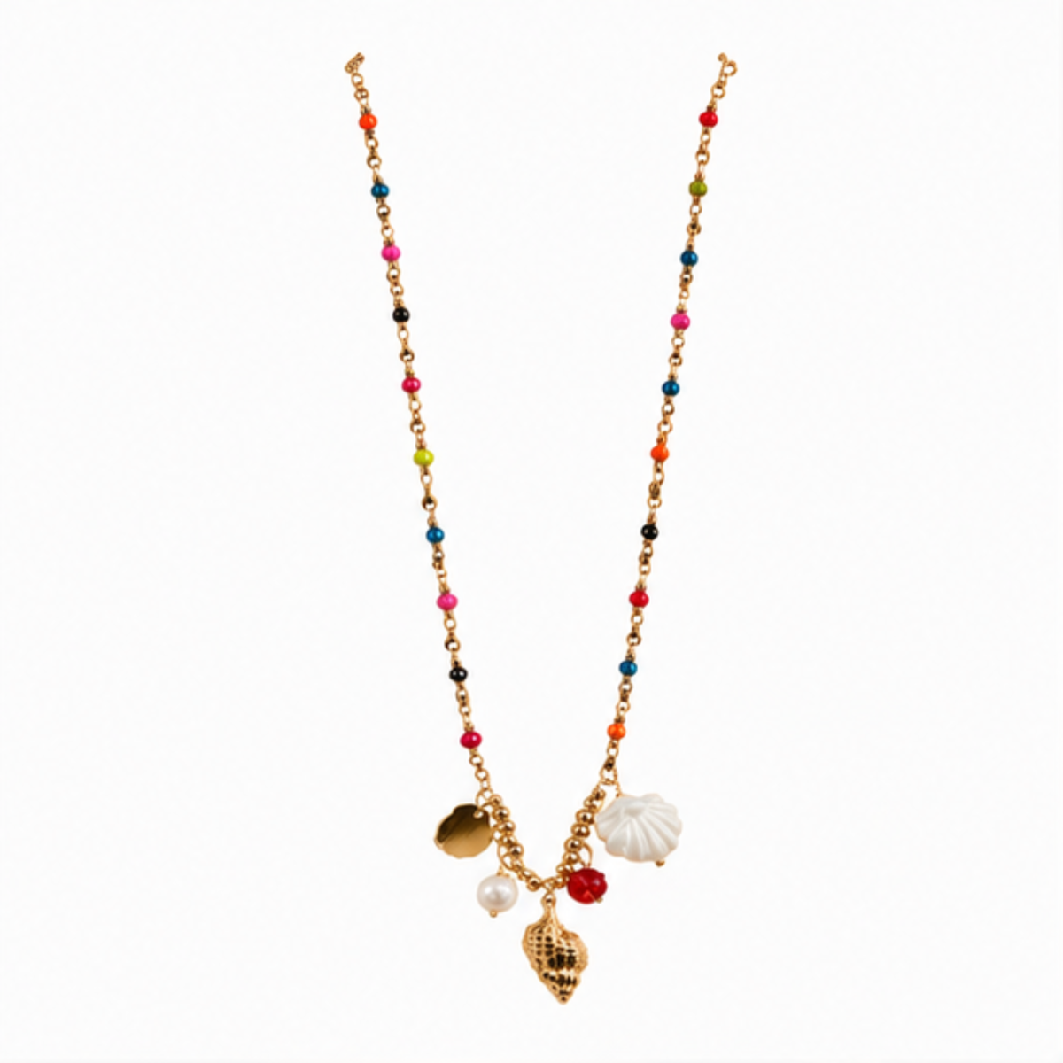 Multicolor Beaded Gold Tone Charm Pendant Necklace