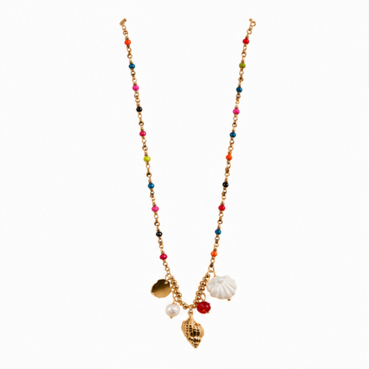 Multicolor Beaded Gold Tone Charm Pendant Necklace
