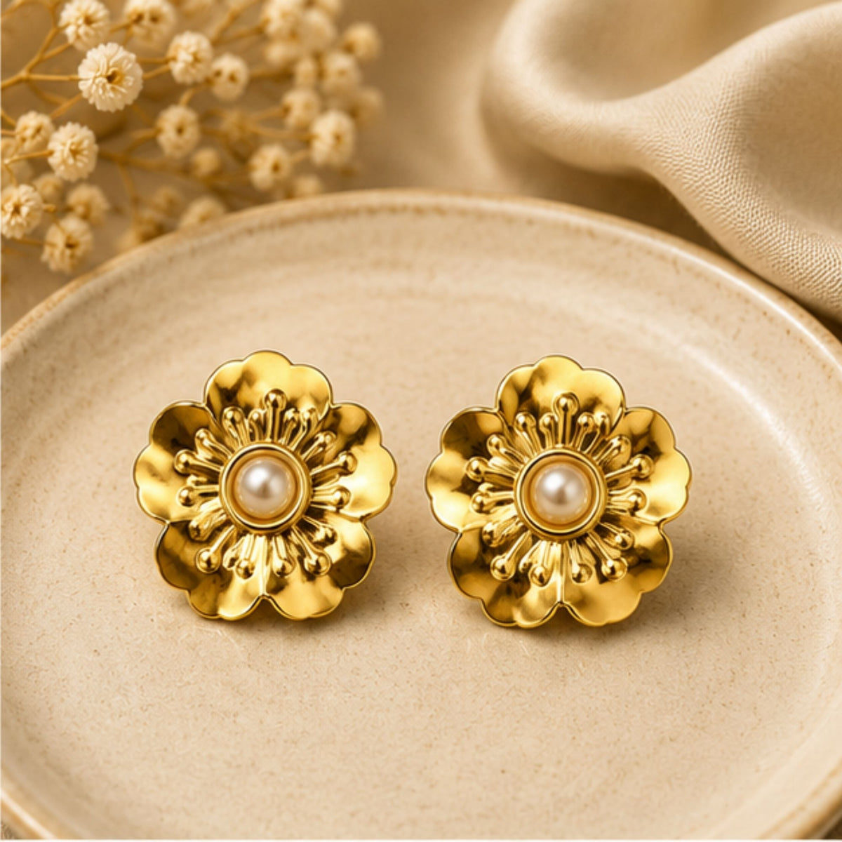 Gold Tone Floral Pearl Stud Earrings for Everyday Elegance