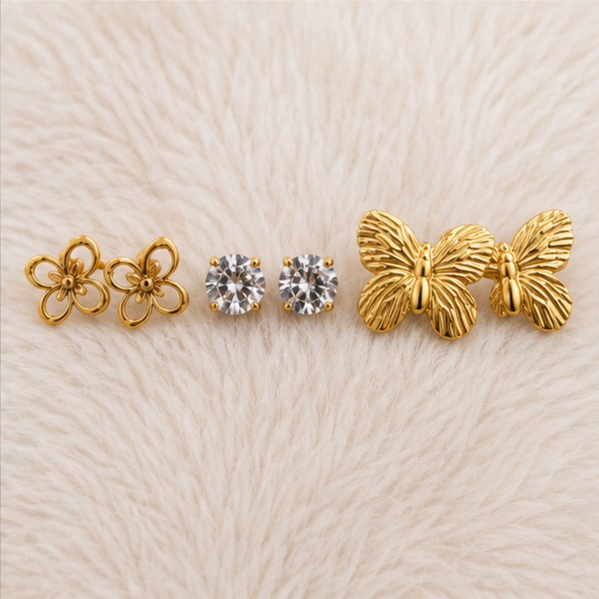 Gold Tone Floral Crystal Butterfly Stud Earrings Set