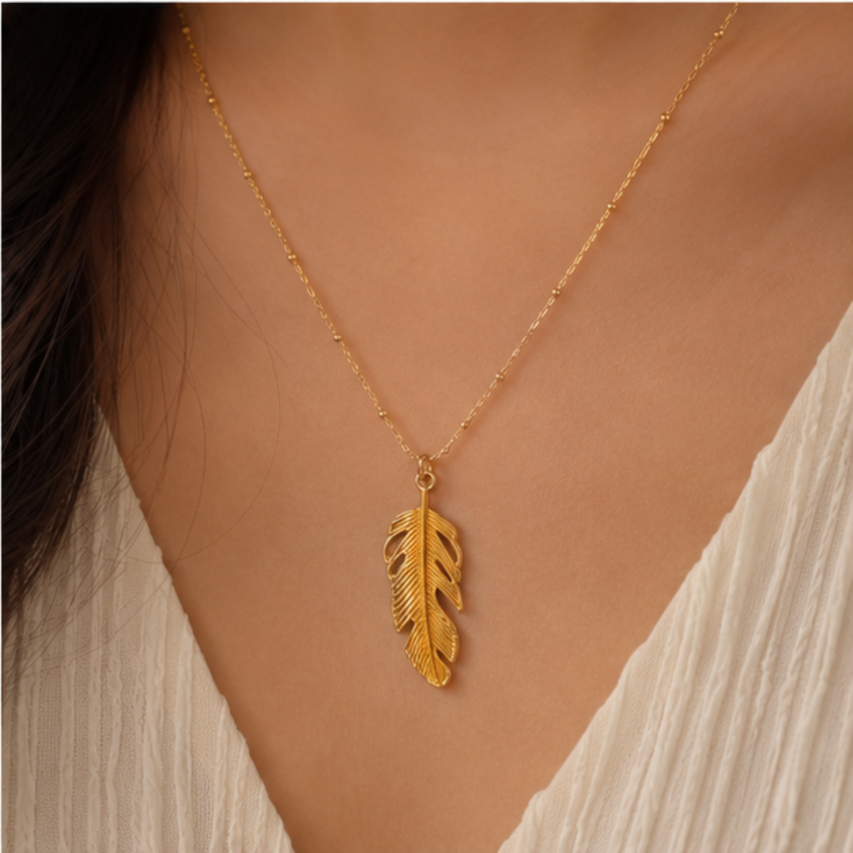 Gold-Tone Feather Pendant Long Chain Necklace