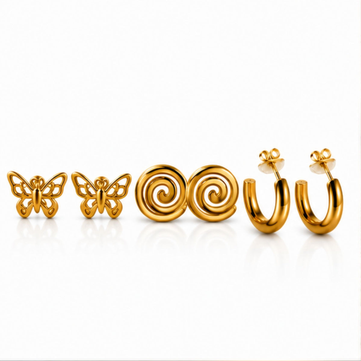 Gold Tone Butterfly Spiral and Hoop Earring Set