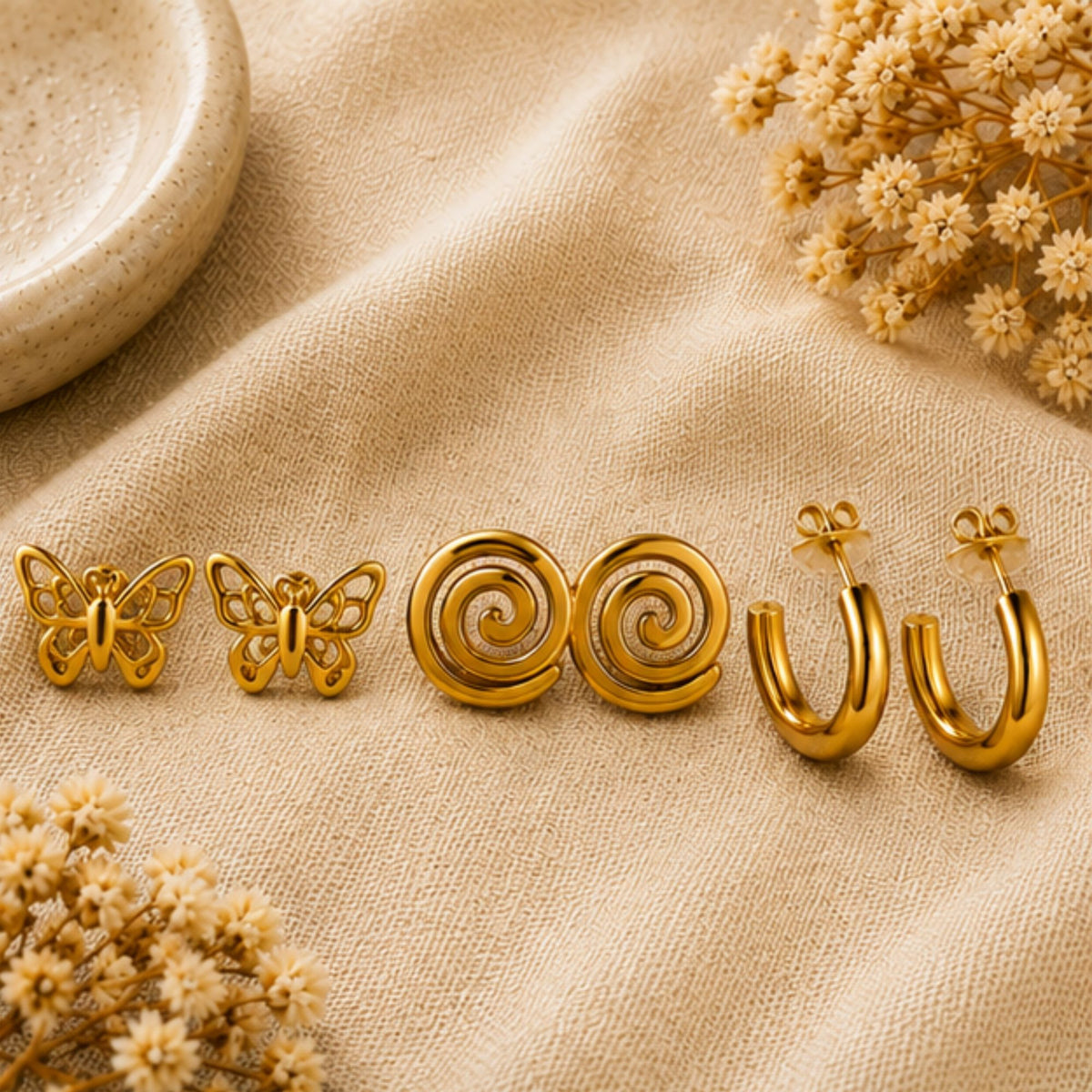 Gold Tone Butterfly Spiral and Hoop Earring Set