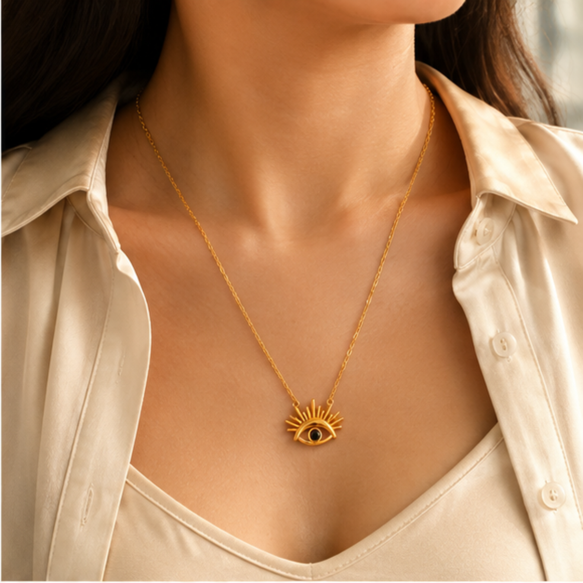 Gold-Tone Eye Pendant Layered Long Chain Necklace