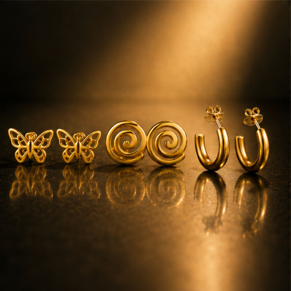 Gold Tone Butterfly Spiral and Hoop Earring Set