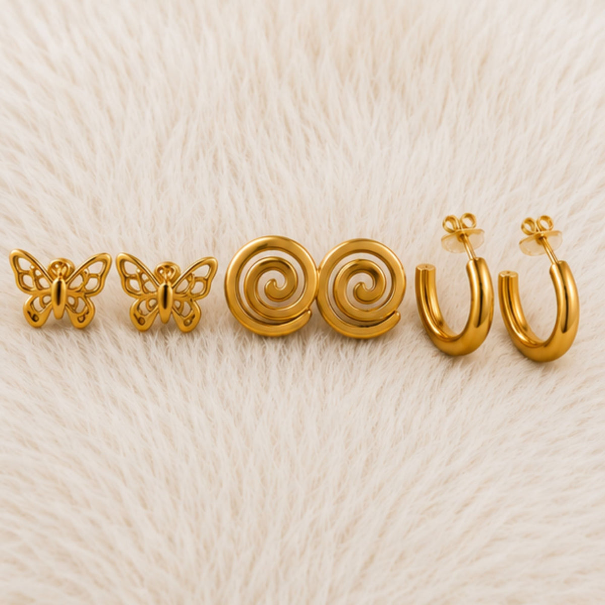 Gold Tone Butterfly Spiral and Hoop Earring Set
