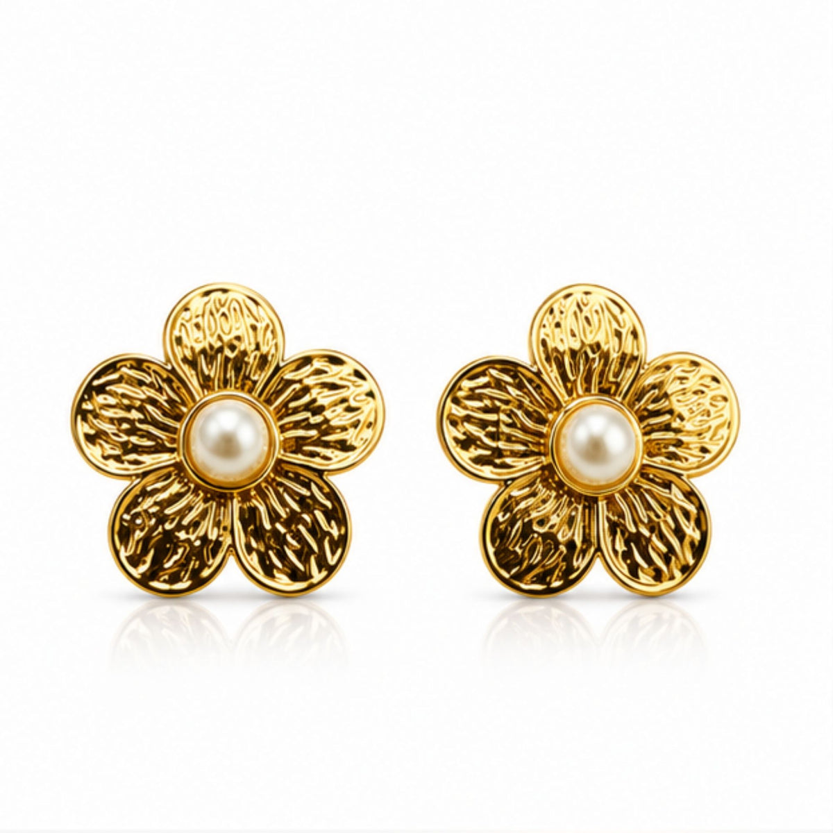 Gold Tone Textured Pearl Flower Stud Earrings