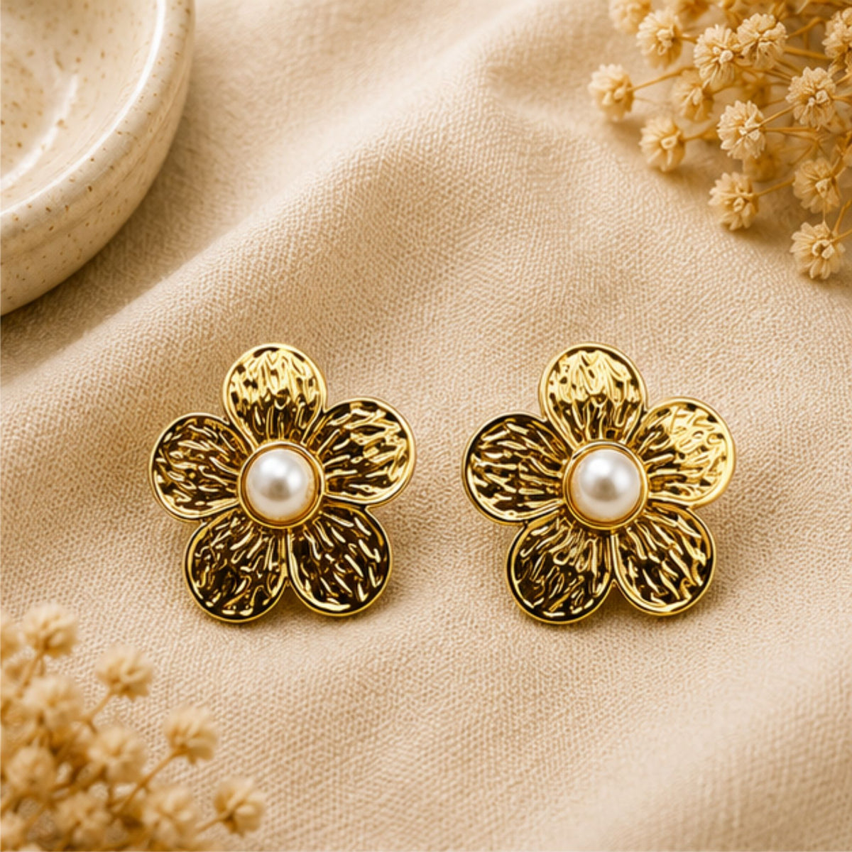 Gold Tone Textured Pearl Flower Stud Earrings