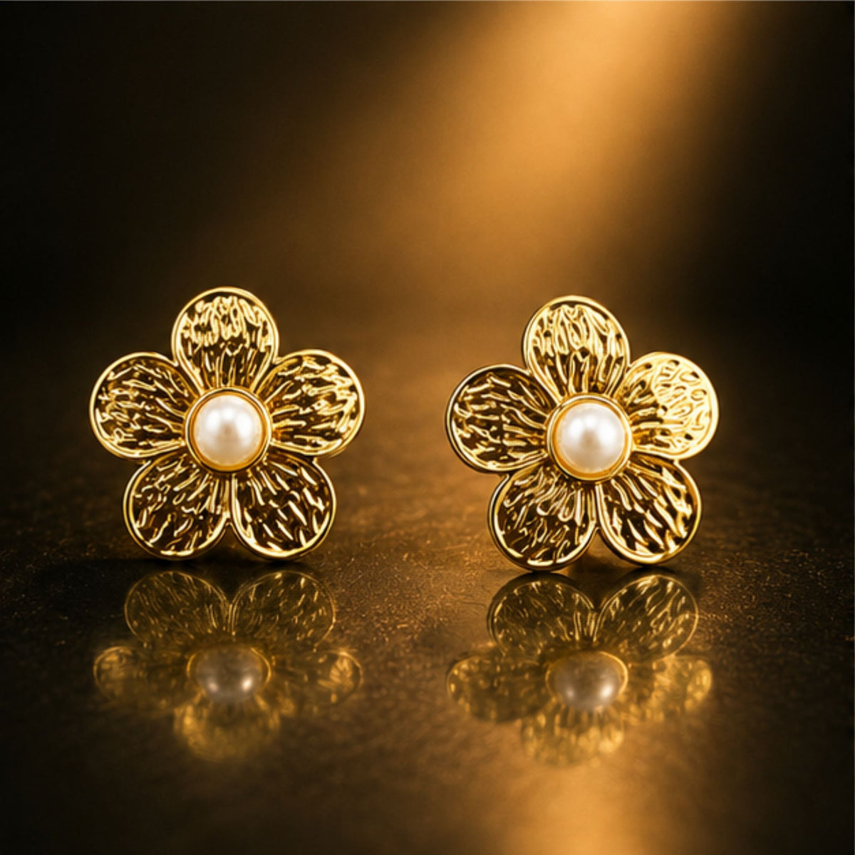 Gold Tone Textured Pearl Flower Stud Earrings