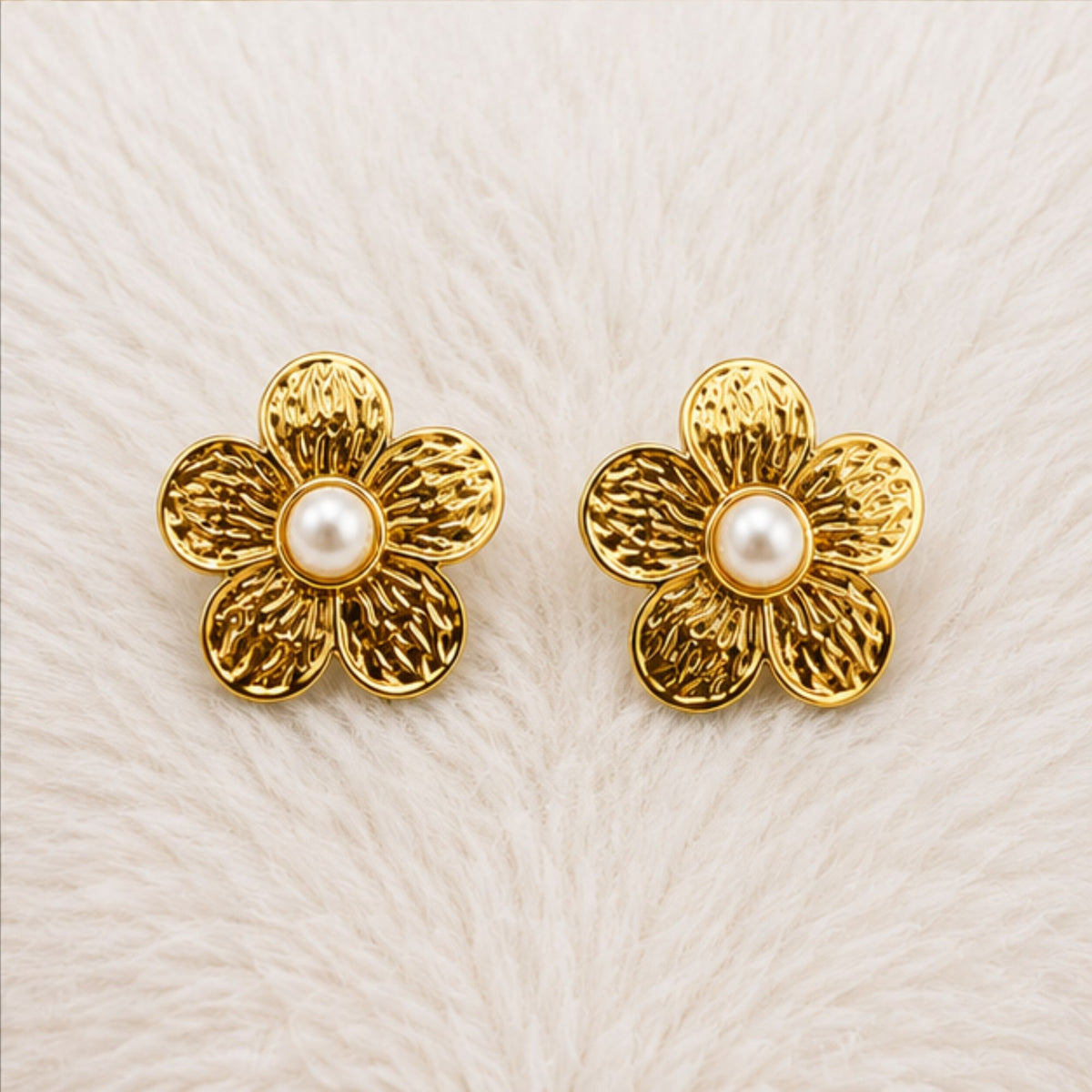 Gold Tone Textured Pearl Flower Stud Earrings