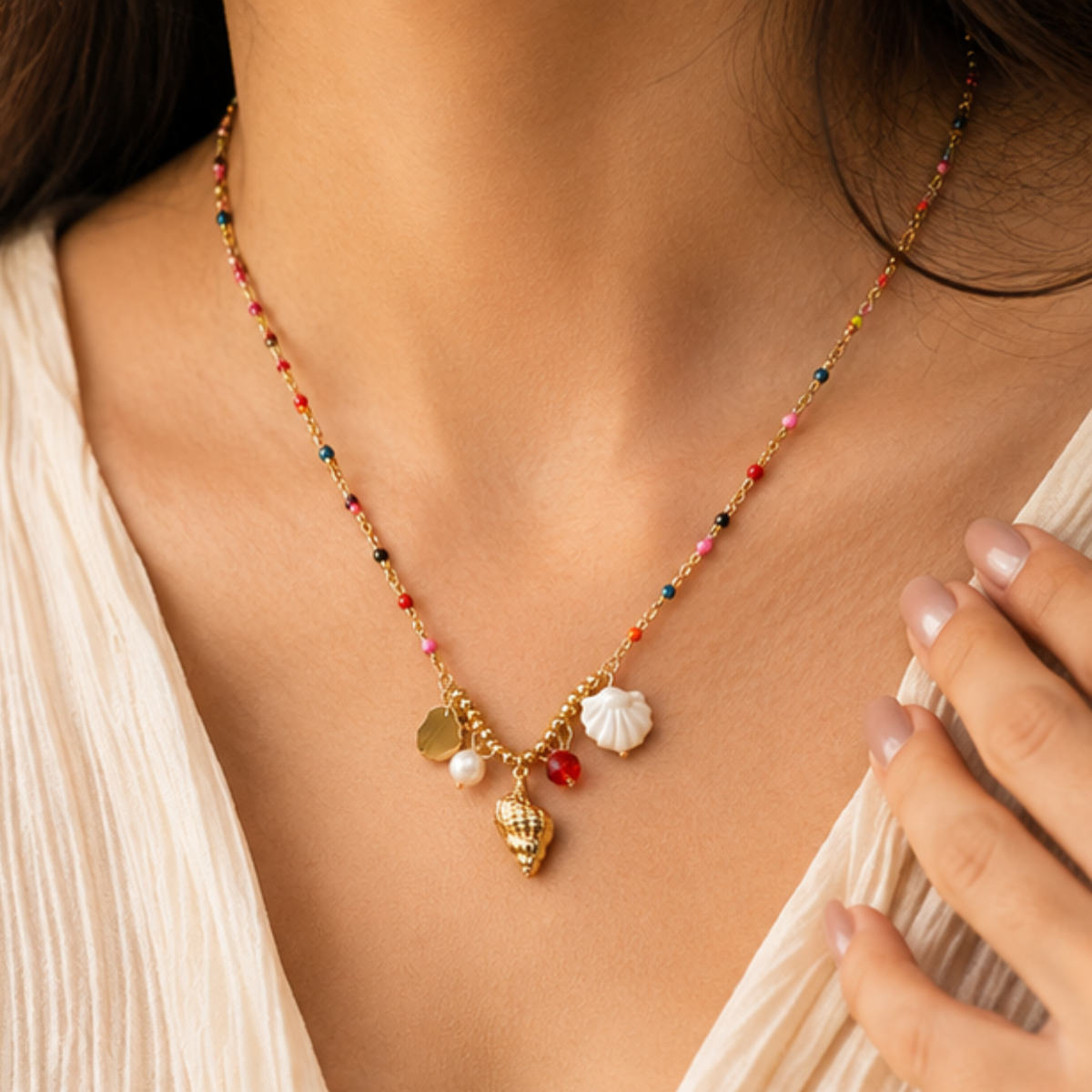 Multicolor Beaded Gold Tone Charm Pendant Necklace