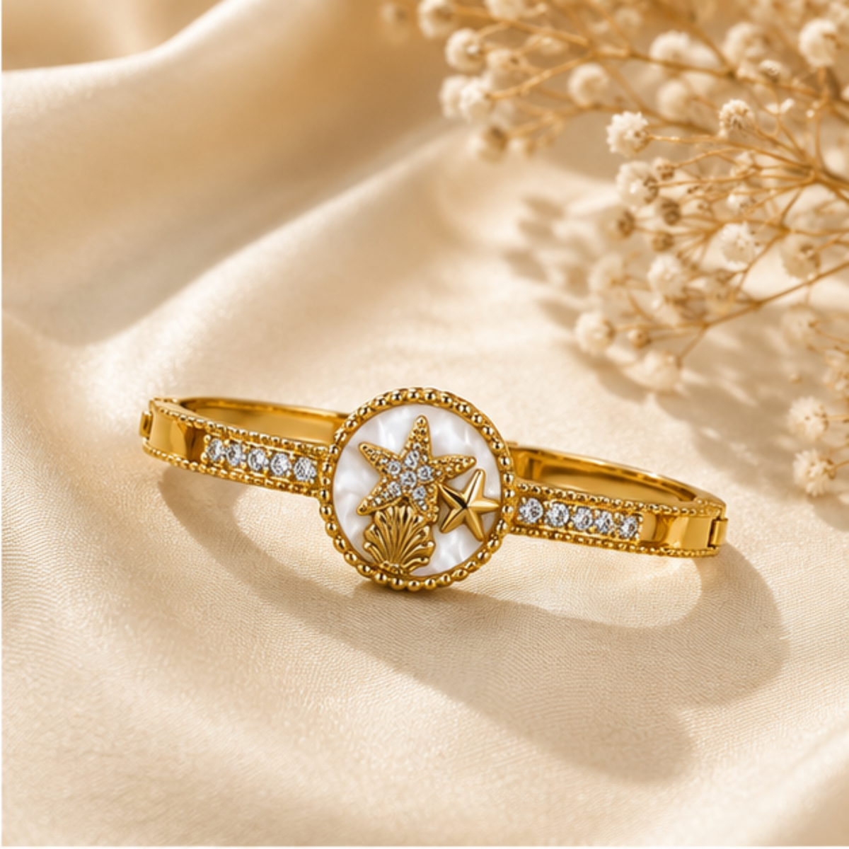 Gold Star Medallion Crystal Bangle Bracelet