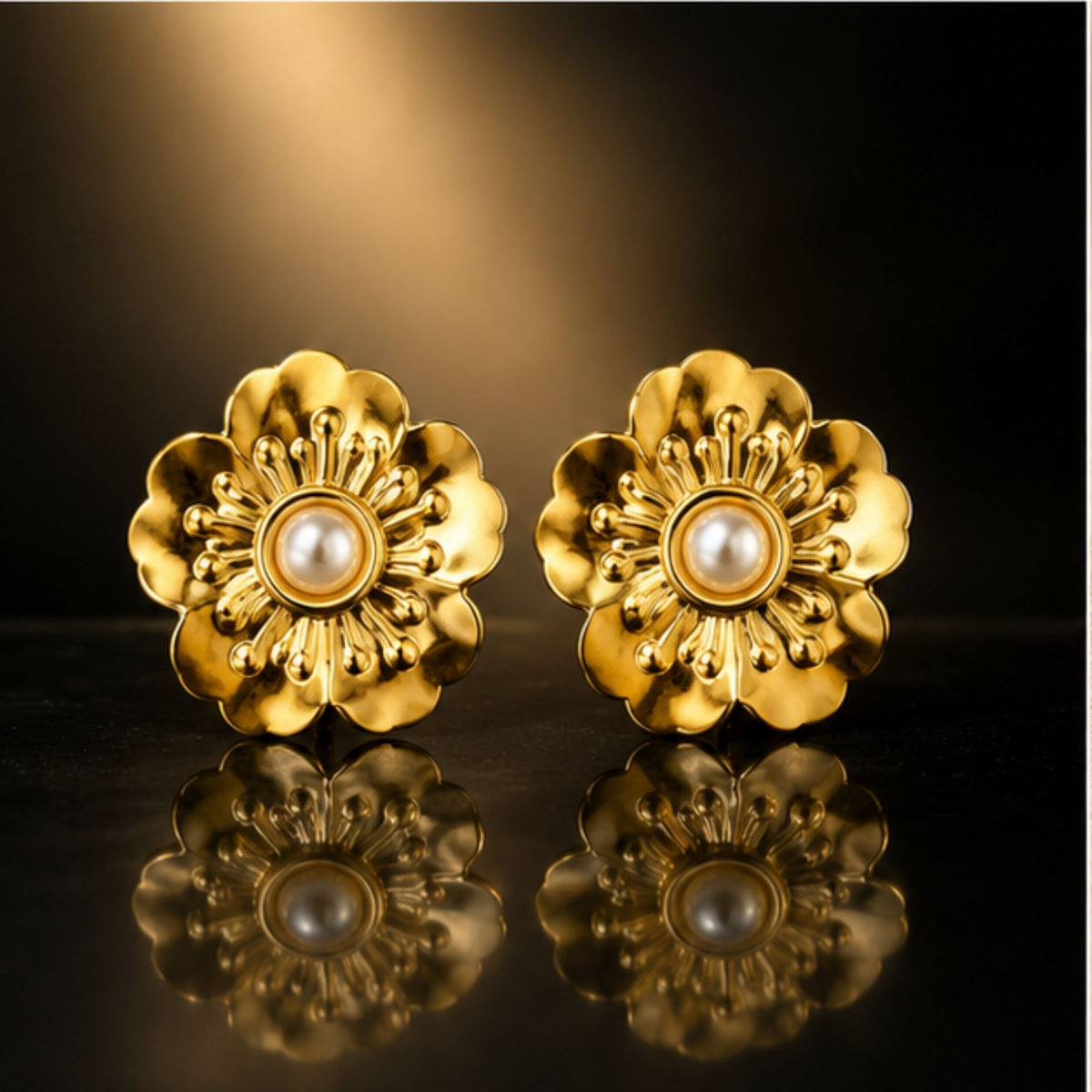 Gold Tone Floral Pearl Stud Earrings for Everyday Elegance