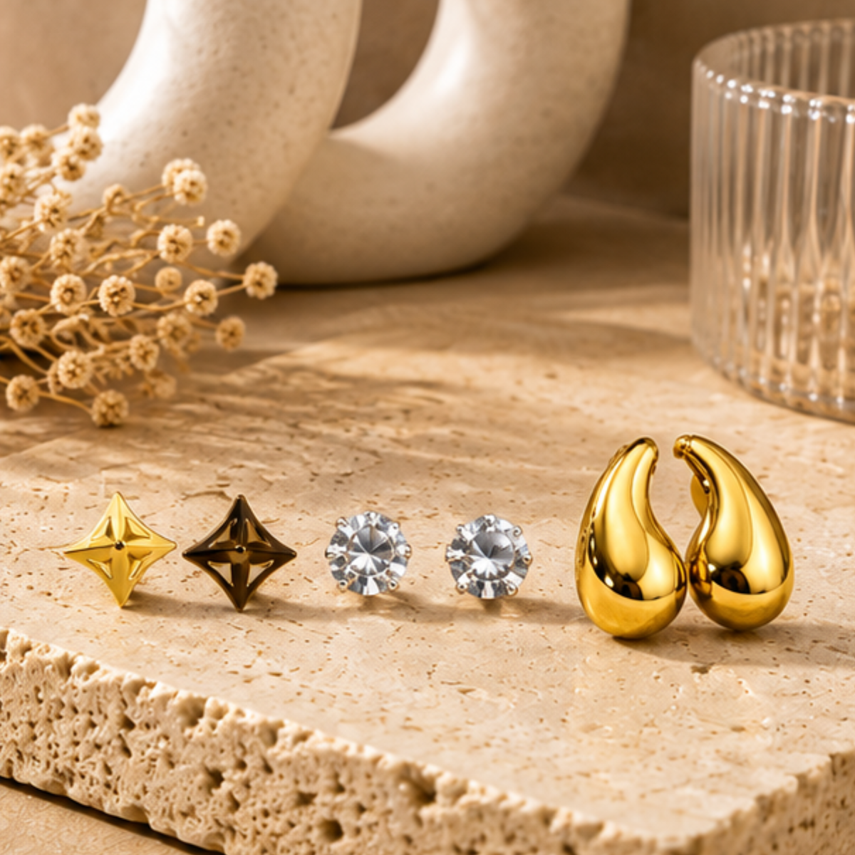 Gold Tone Star Crystal and Teardrop Earring Set