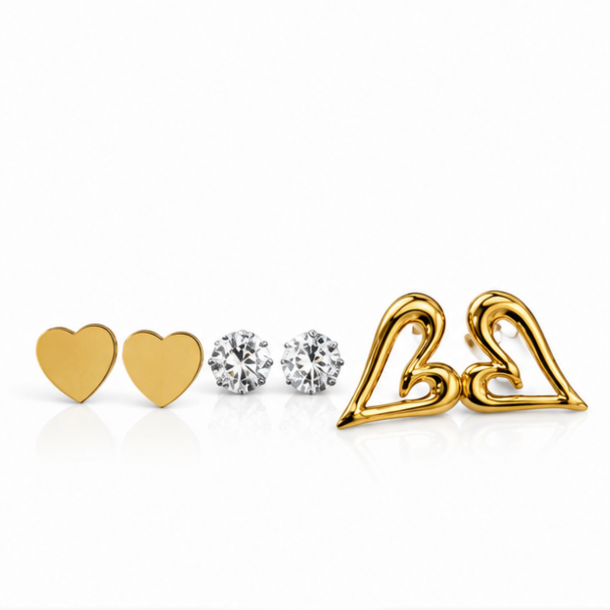 Gold Tone Heart Crystal and Open Heart Earring Set