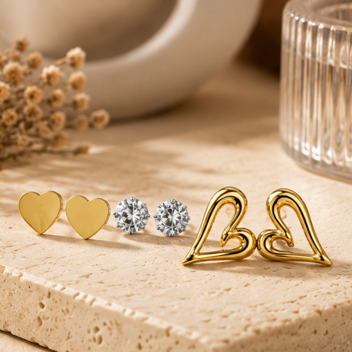 Gold Tone Heart Crystal and Open Heart Earring Set