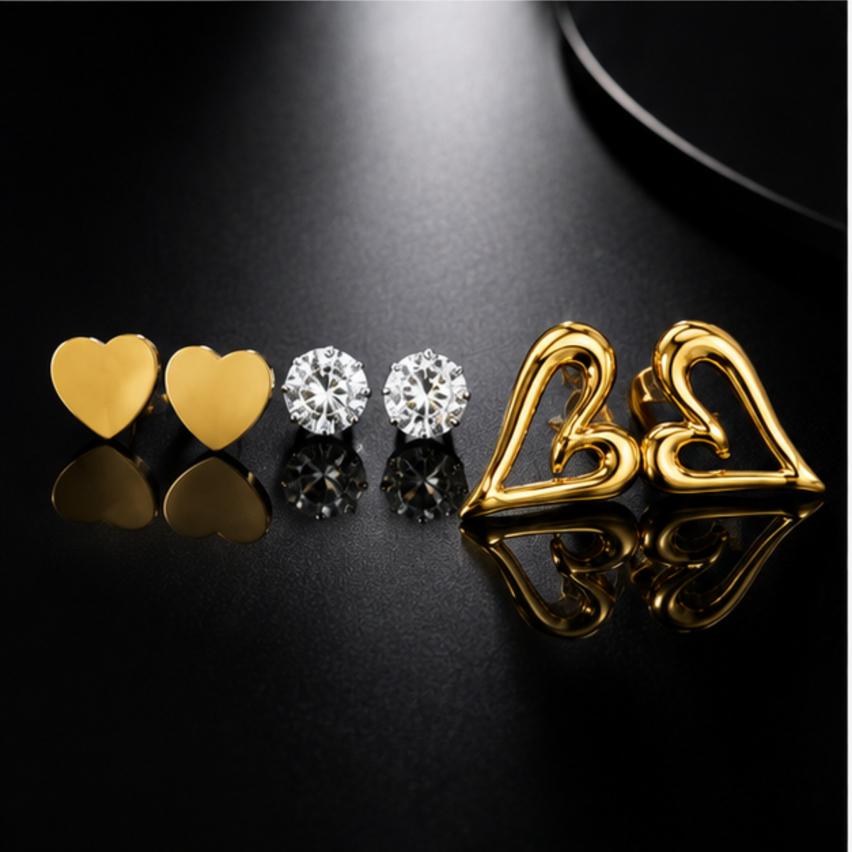 Gold Tone Heart Crystal and Open Heart Earring Set