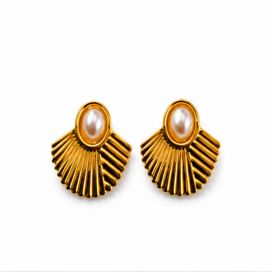 Gold Tone Pearl Fan Stud Earrings for Everyday Elegance
