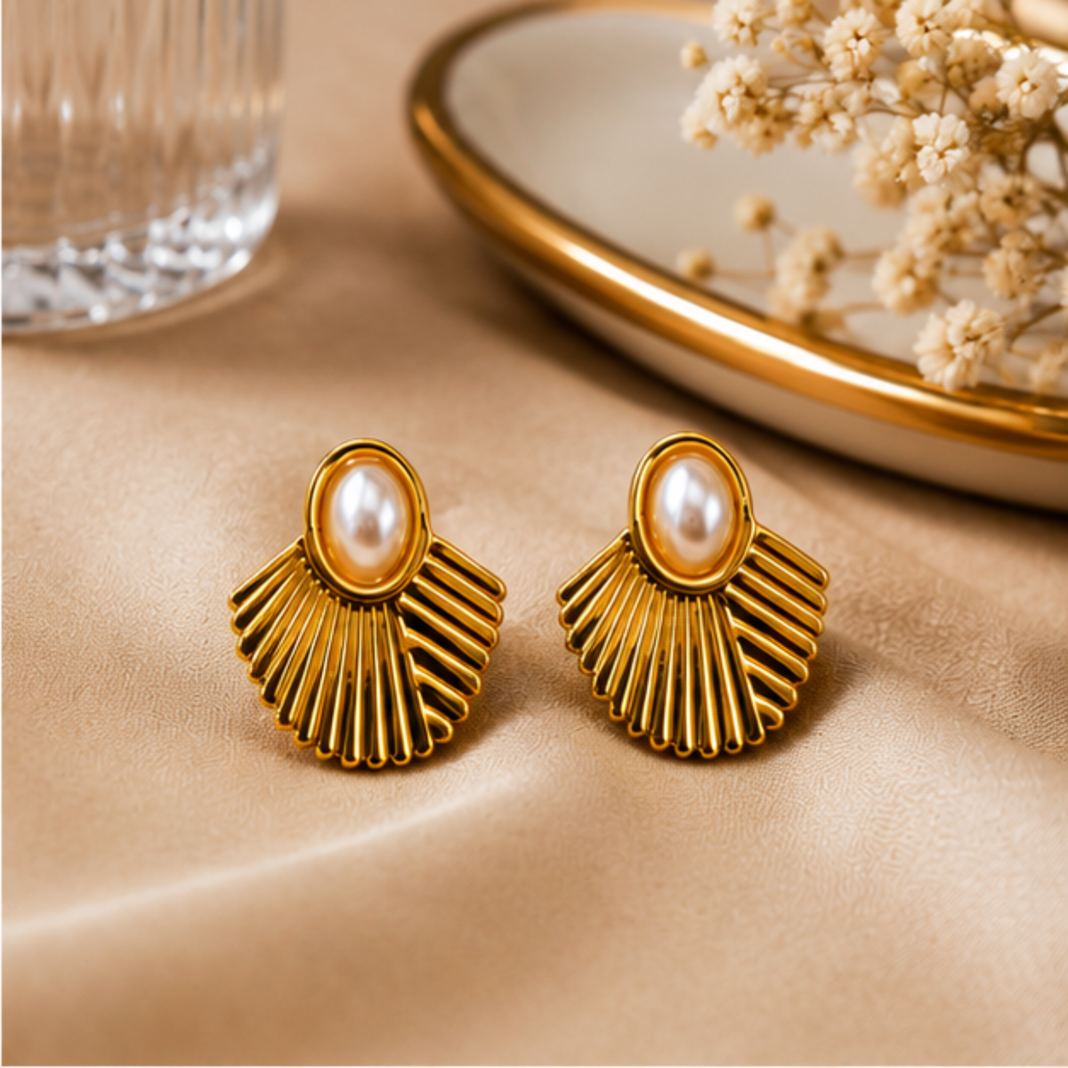 Gold Tone Pearl Fan Stud Earrings for Everyday Elegance