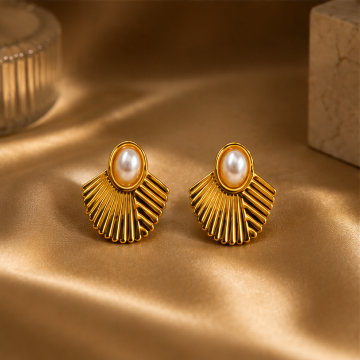 Gold Tone Pearl Fan Stud Earrings for Everyday Elegance