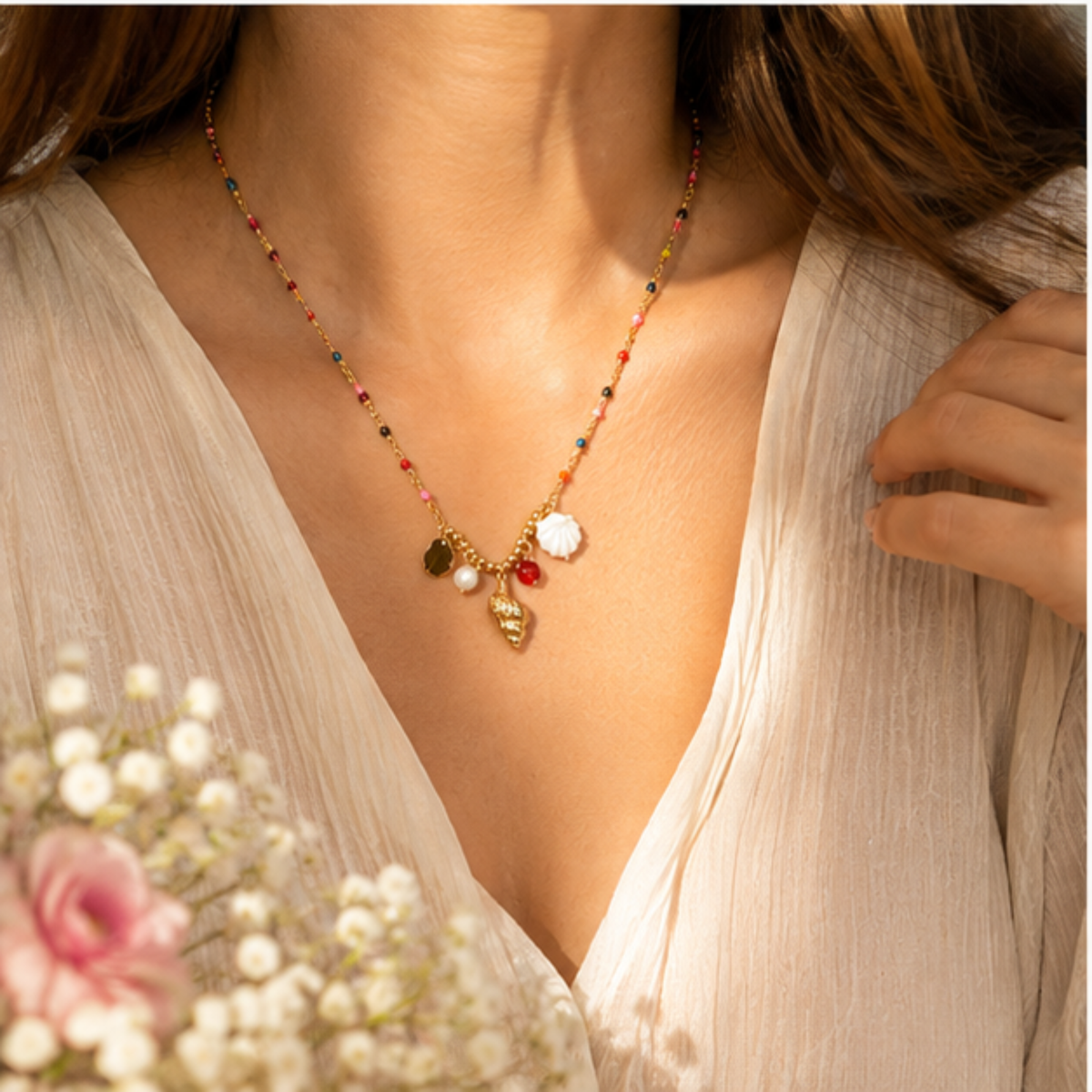 Multicolor Beaded Gold Tone Charm Pendant Necklace