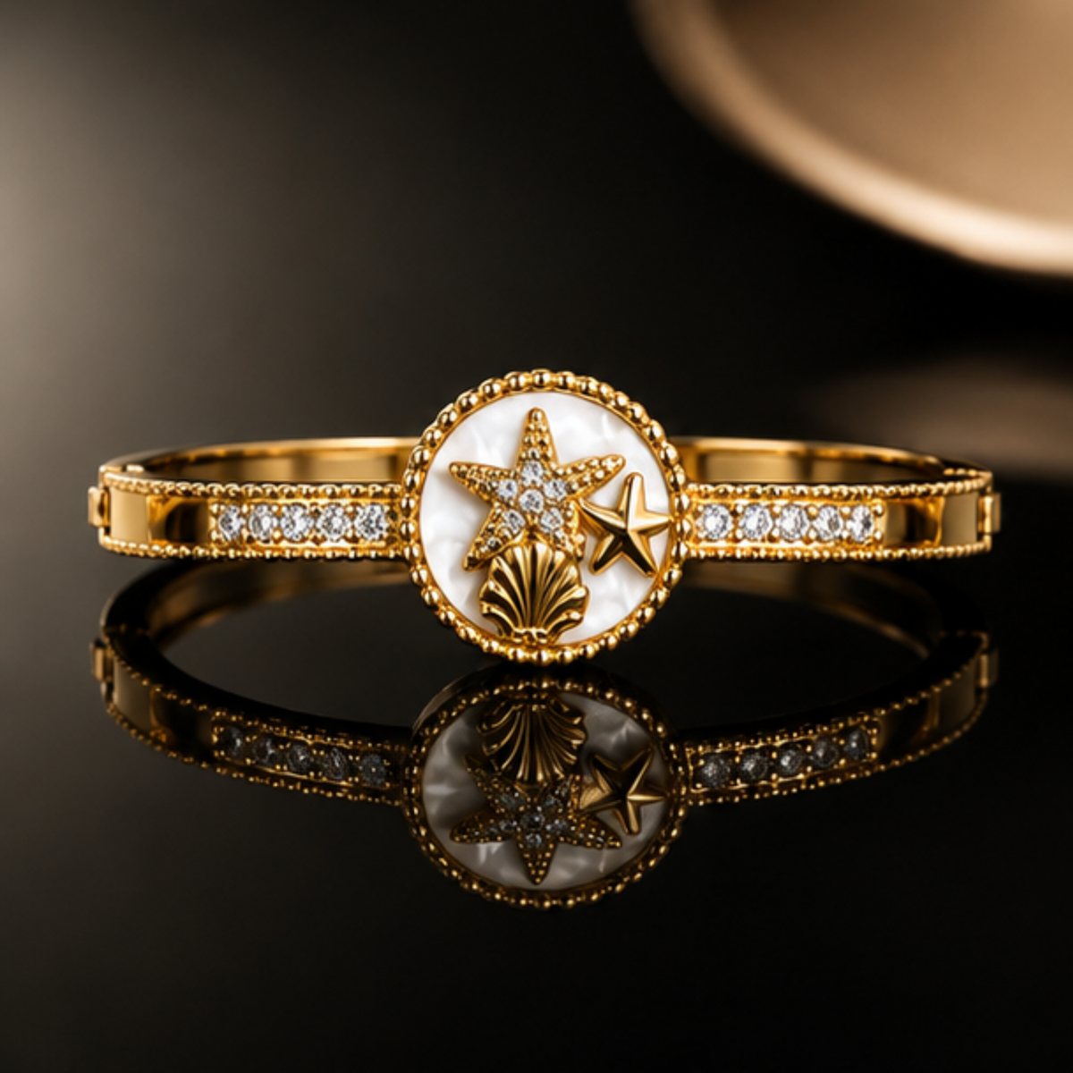 Gold Star Medallion Crystal Bangle Bracelet