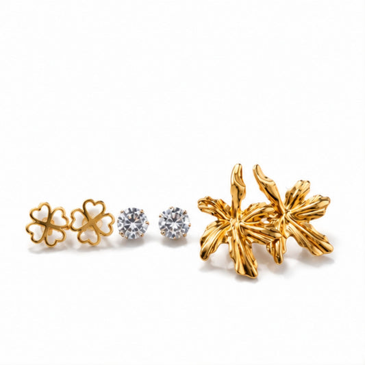 Floral Gold Tone Stud Earrings with Stone Accents