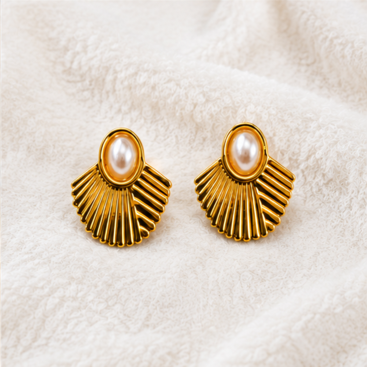 Gold Tone Pearl Fan Stud Earrings for Everyday Elegance