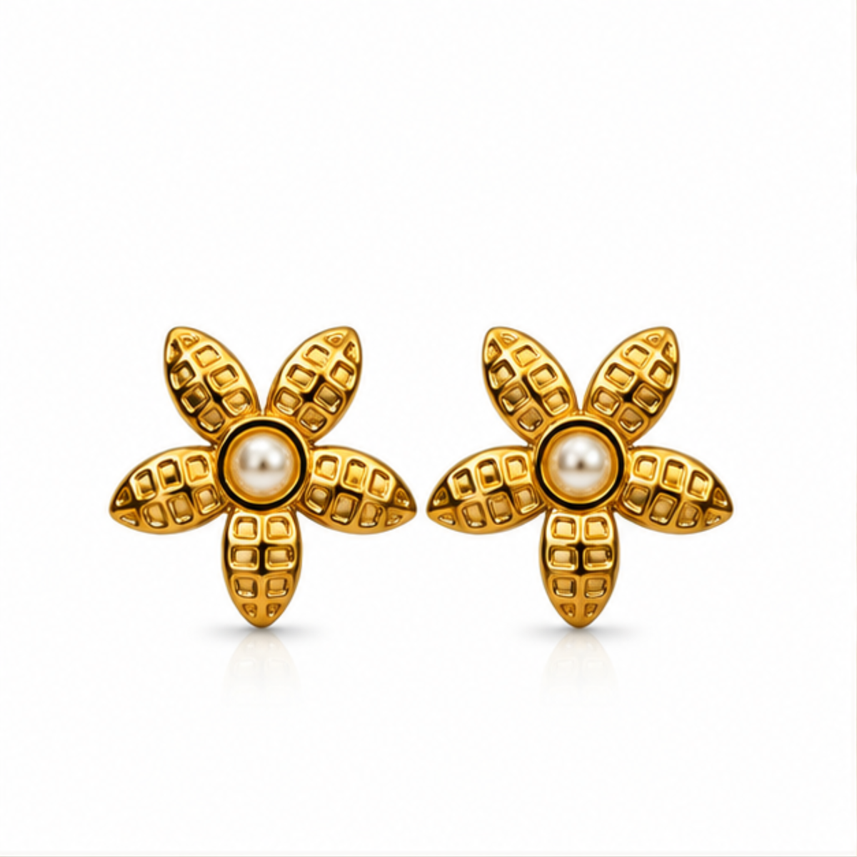 Gold Tone Pearl Textured Floral Stud Earrings
