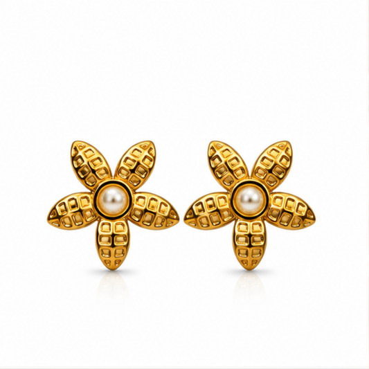 Gold Tone Pearl Textured Floral Stud Earrings