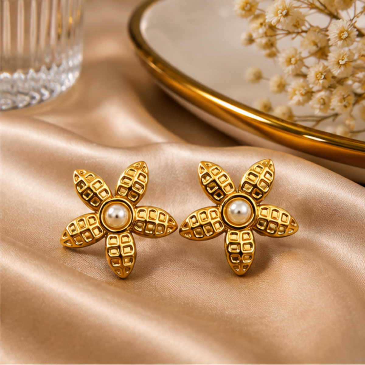 Gold Tone Pearl Textured Floral Stud Earrings