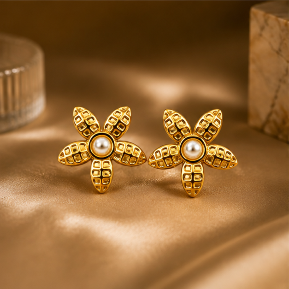 Gold Tone Pearl Textured Floral Stud Earrings
