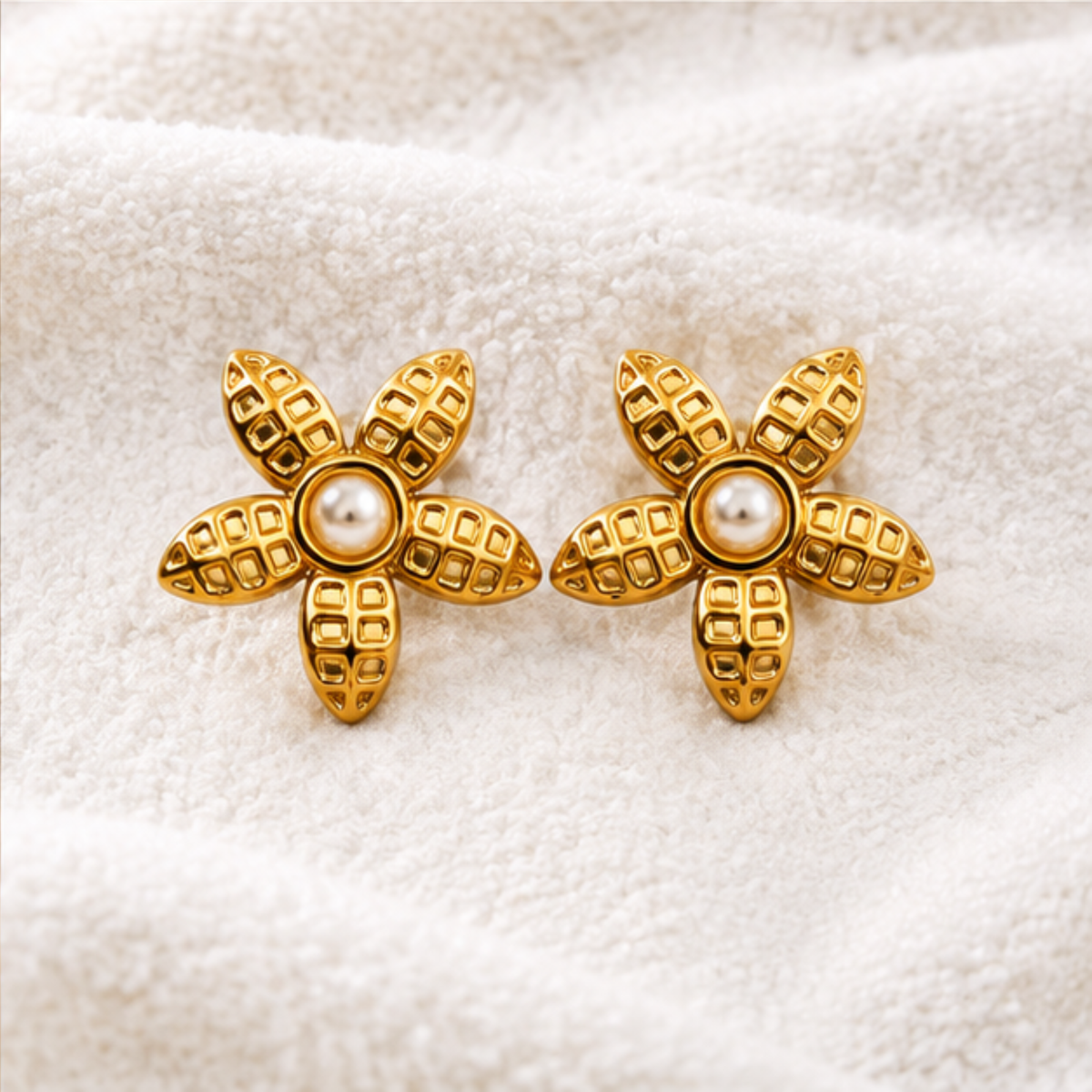 Gold Tone Pearl Textured Floral Stud Earrings