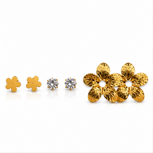 Gold Tone Floral Crystal Stud Earring Set